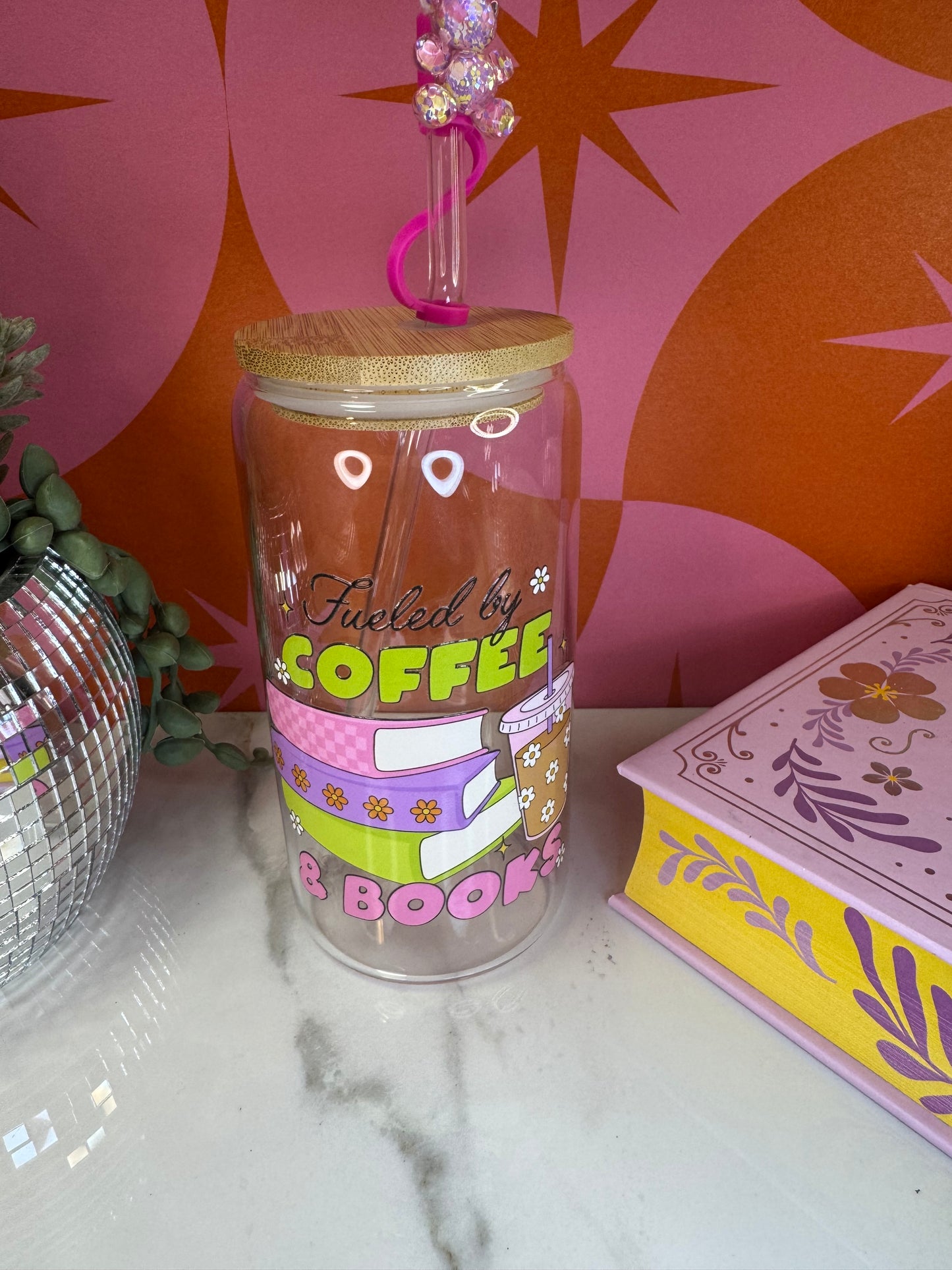 Fueled By Coffee & Books 16 oz glass cup