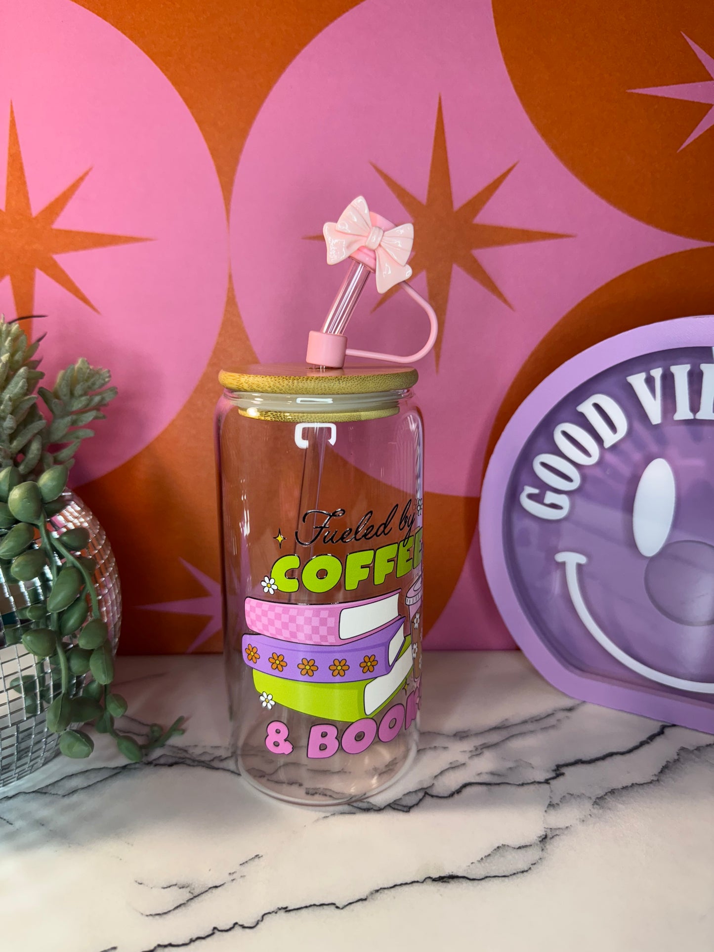 Fueled By Coffee & Books 16 oz glass cup