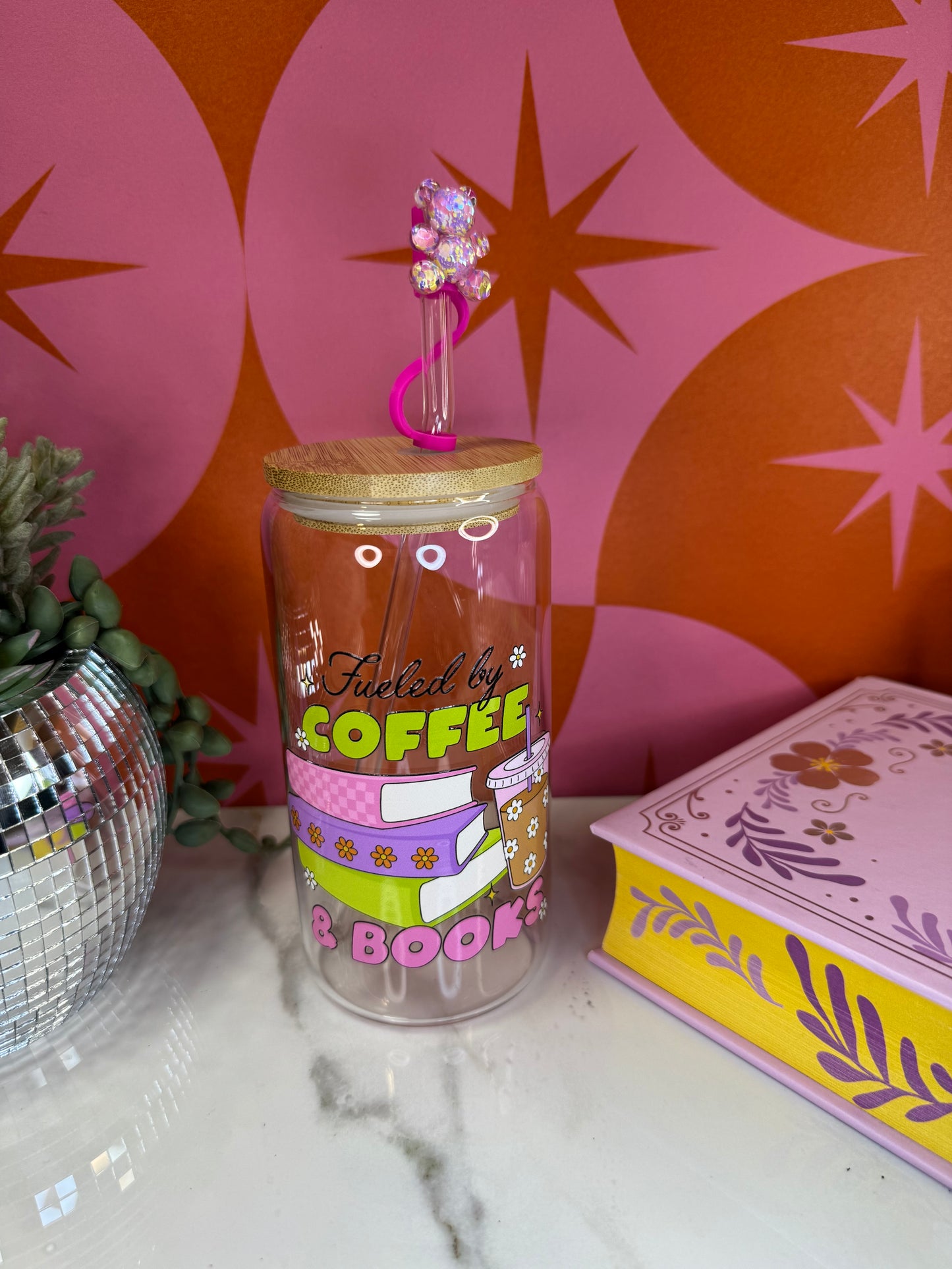 Fueled By Coffee & Books 16 oz glass cup