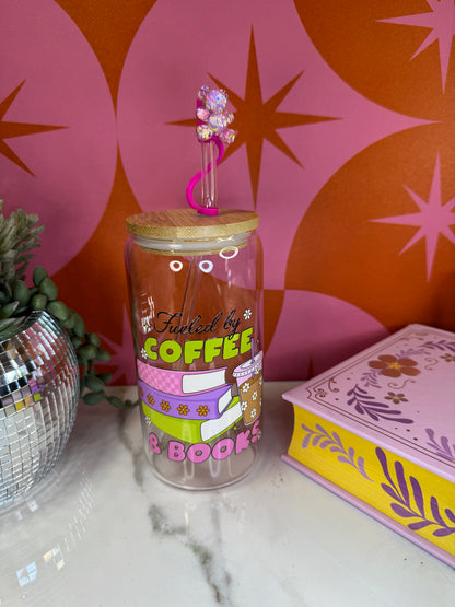 Fueled By Coffee & Books 16 oz glass cup