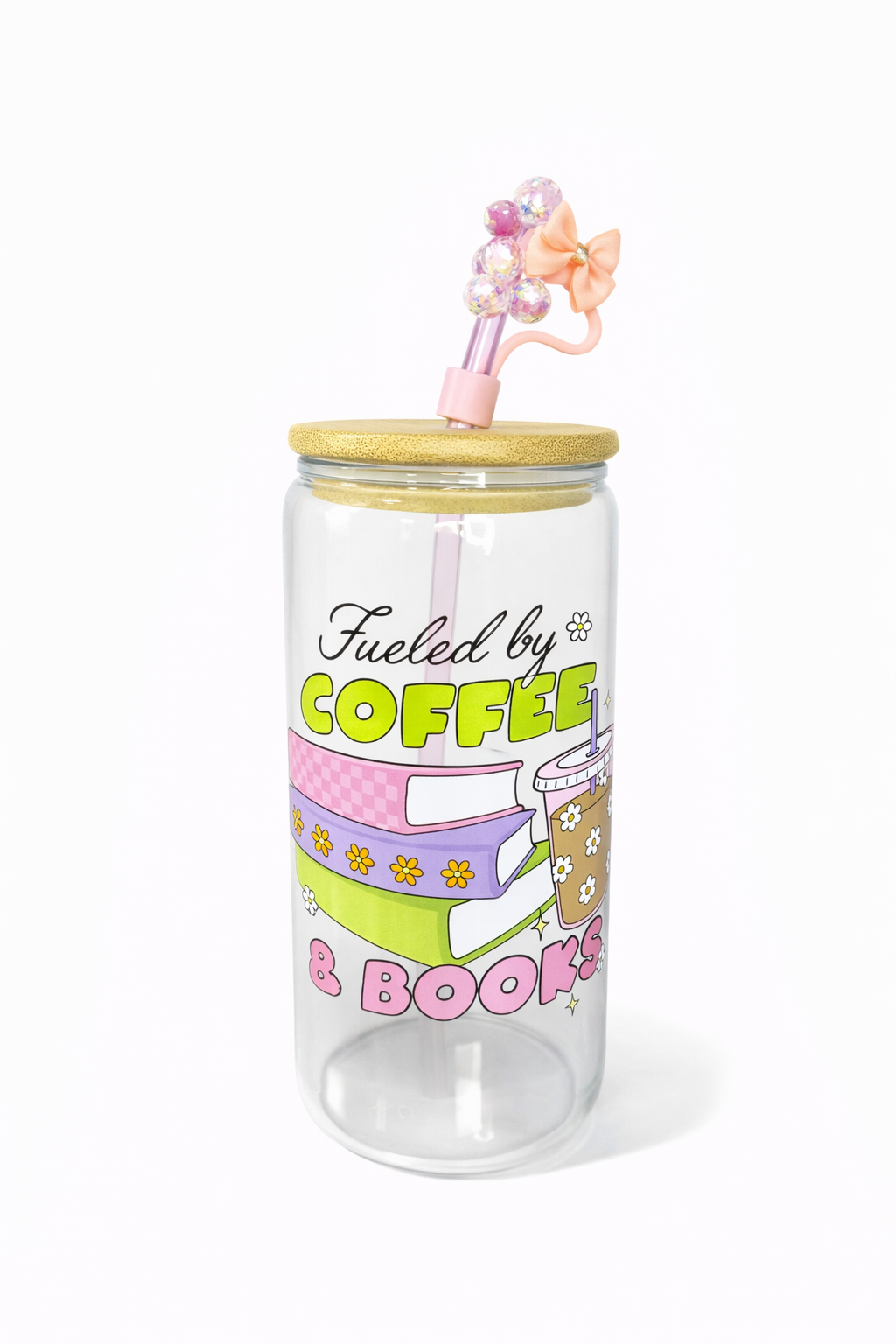 Fueled By Coffee & Books 16 oz glass cup