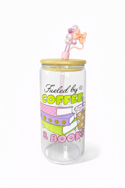 Fueled By Coffee & Books 16 oz glass cup