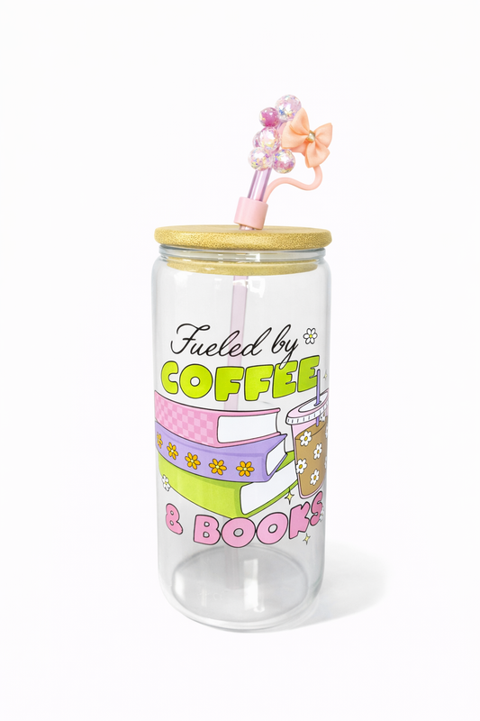 Fueled By Coffee & Books 16 oz glass cup