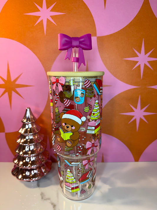 Xmas Book Teddy Bear 40 O.Z Glass Tumbler