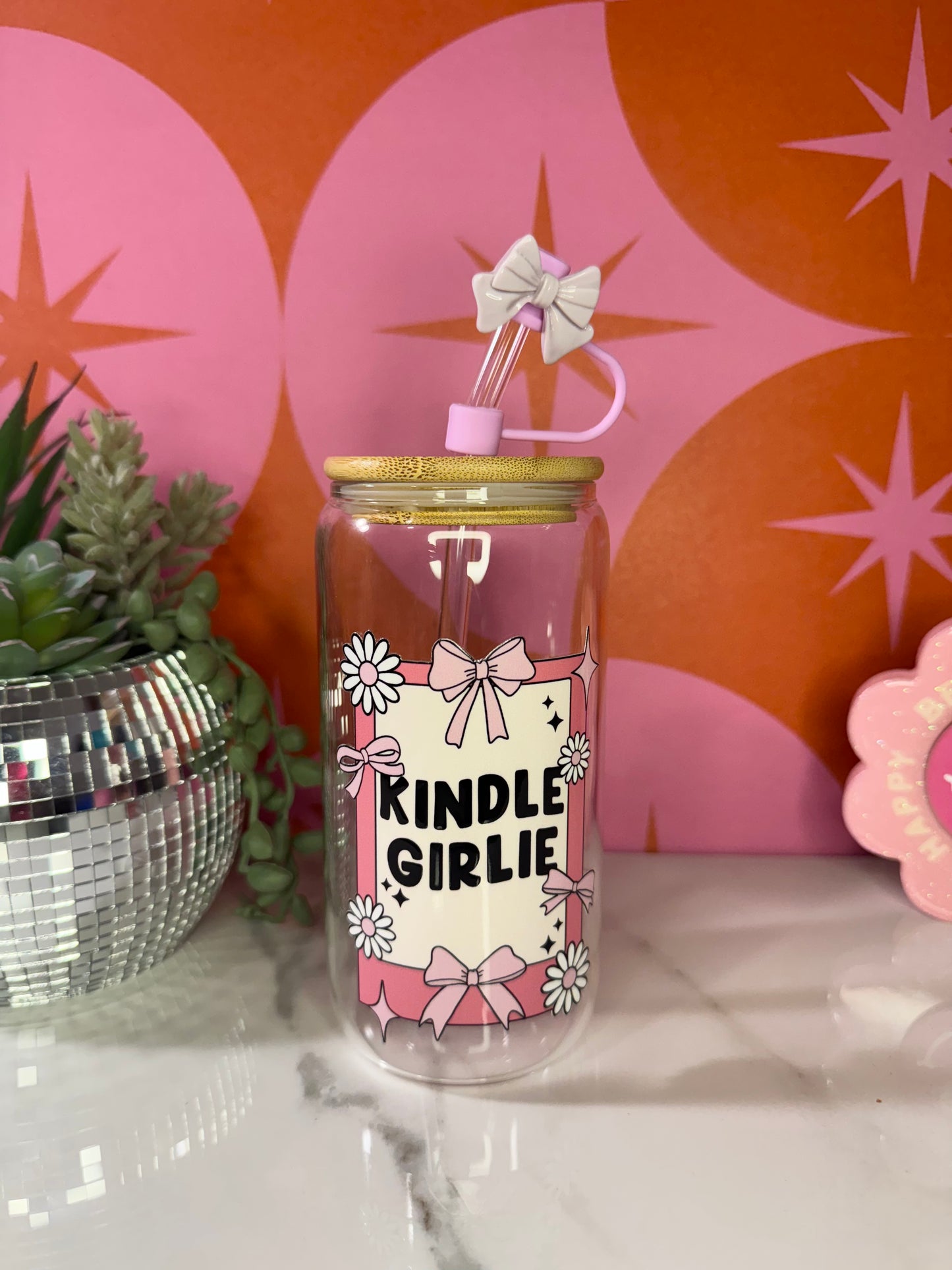 Kindle Girlie Bow 16 oz glass cup