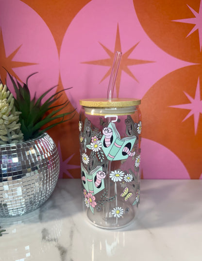 Bookworm 16 oz glass cup