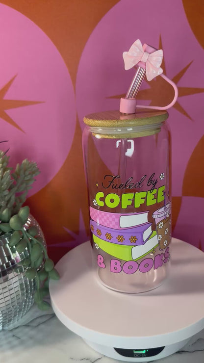 Fueled By Coffee & Books 16 oz glass cup